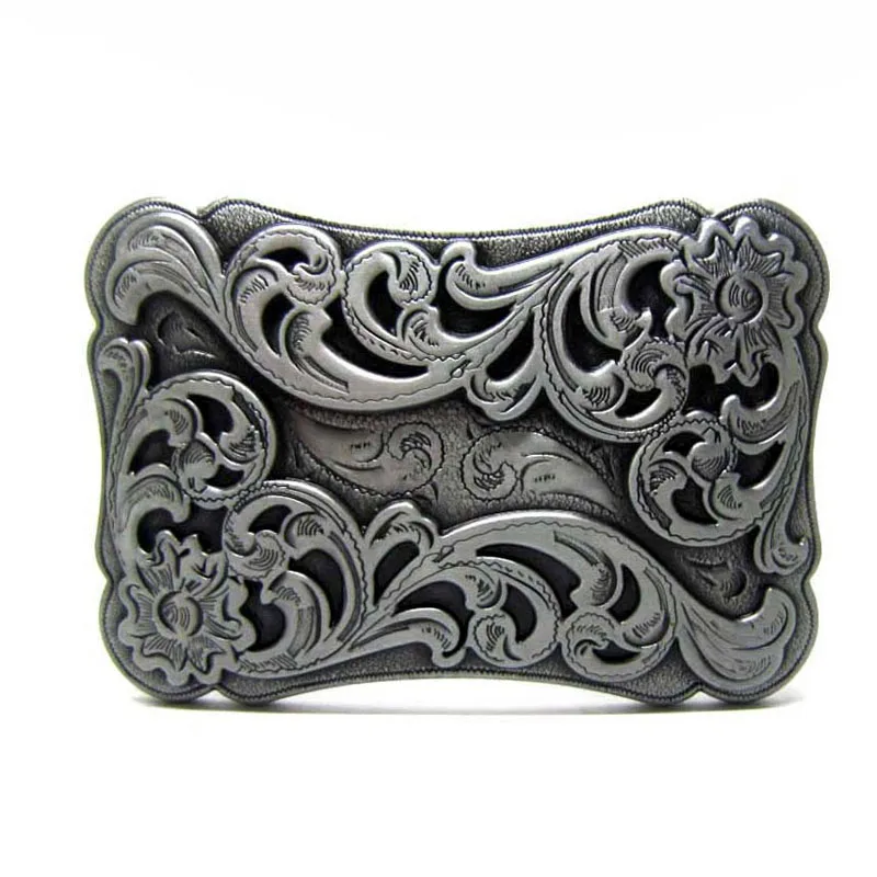 Wholesale Cowboy Flower Pattern Embossed Tang Grass Style Antique Heavy Floral Solid Brass Belt Buckles