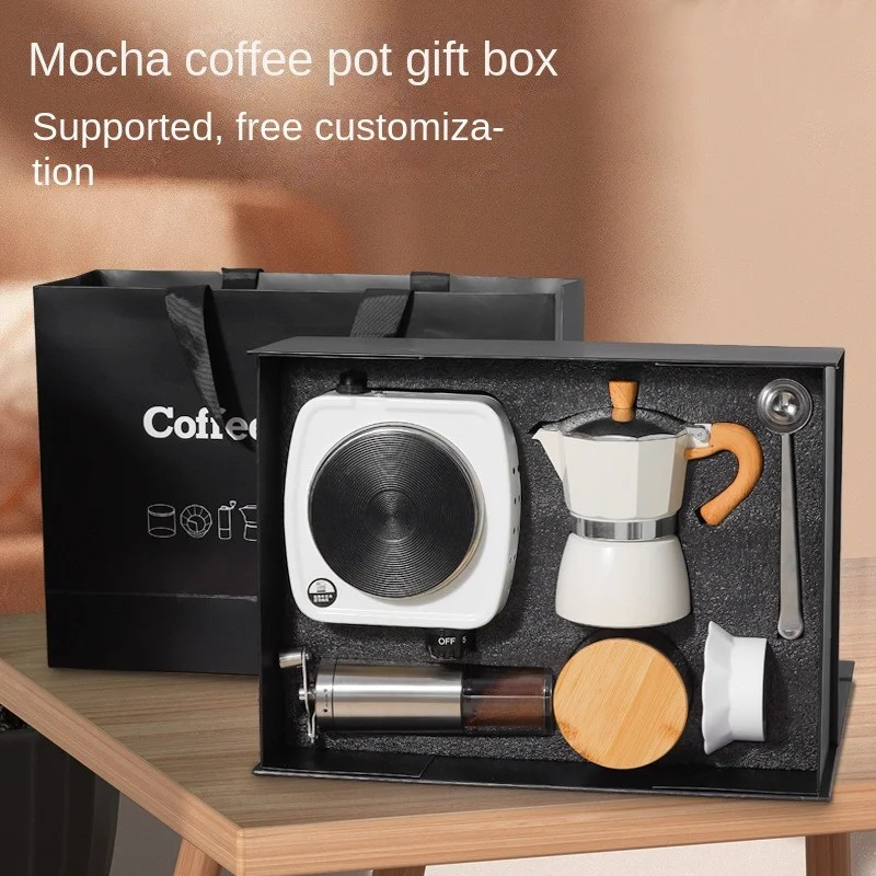 Manufacturer Coffee pot gift box Moka pot set 3 cups 150ML7-piece aluminum electric furnace bean grinder
