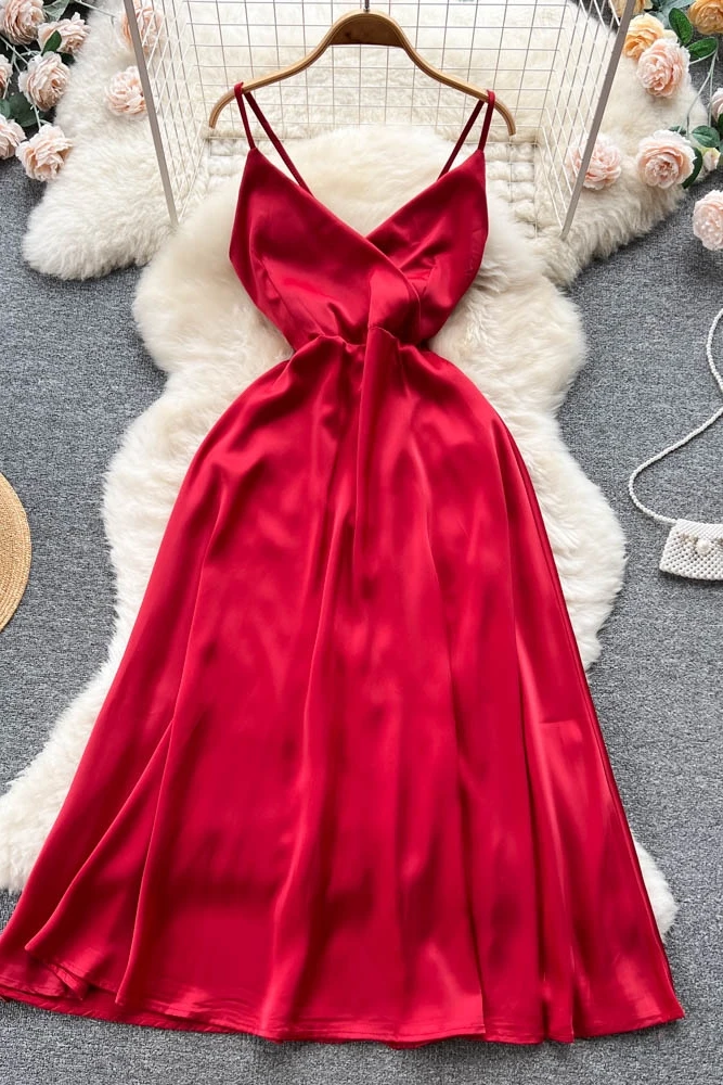 Summer Sleeveless Silk Casual Dress Women High Waist Midi A-Line Dress Ladies Sexy Dresses Clothes Women Wholesale