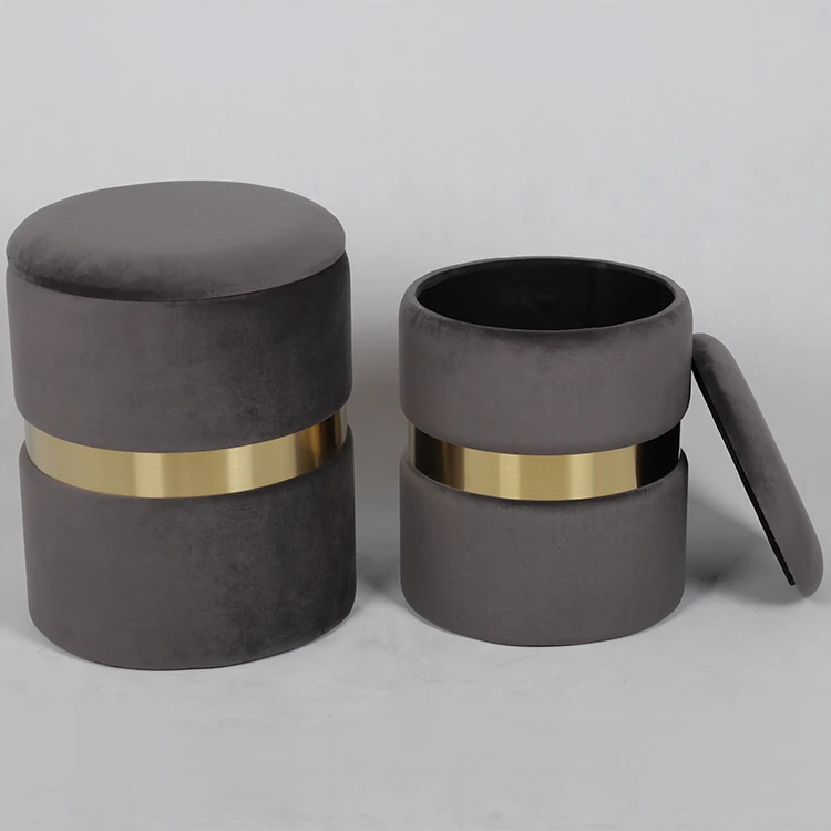 Round Velvet Storage Ottoman Foot Rest Stool/ Upholstered Footstool/ Side Table Seat Make Up Stool with Stainless Steel Band