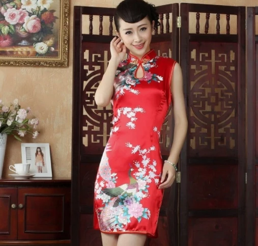 Traditional Chinese dresses Lady Satin cheongsam short sleeve dresses Qipao