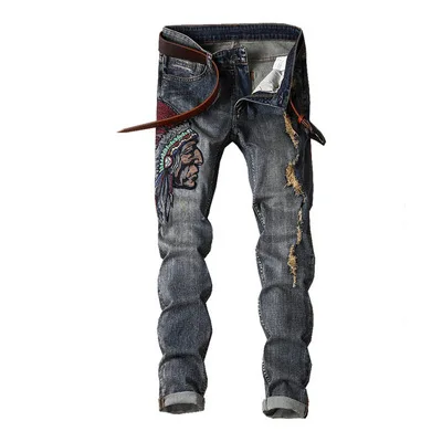 Indian Avatar Embroidered Jeans Men Scratch Long Cracks High Street Pants Soft Red Ears Blue Grey Slim 2022 Western Style