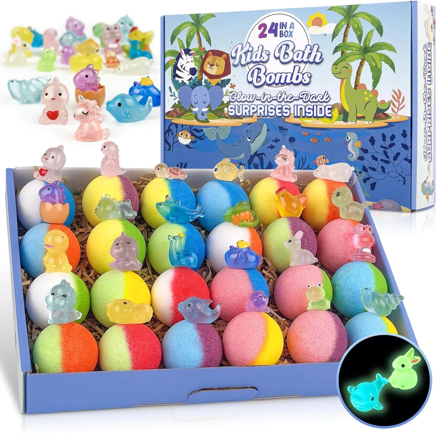 Natural and Organic Colorful Bubble Bath Fizz 24pcs Bath Bombs Glow in The Dark Surprise Inside Bath Bombs for Kids
