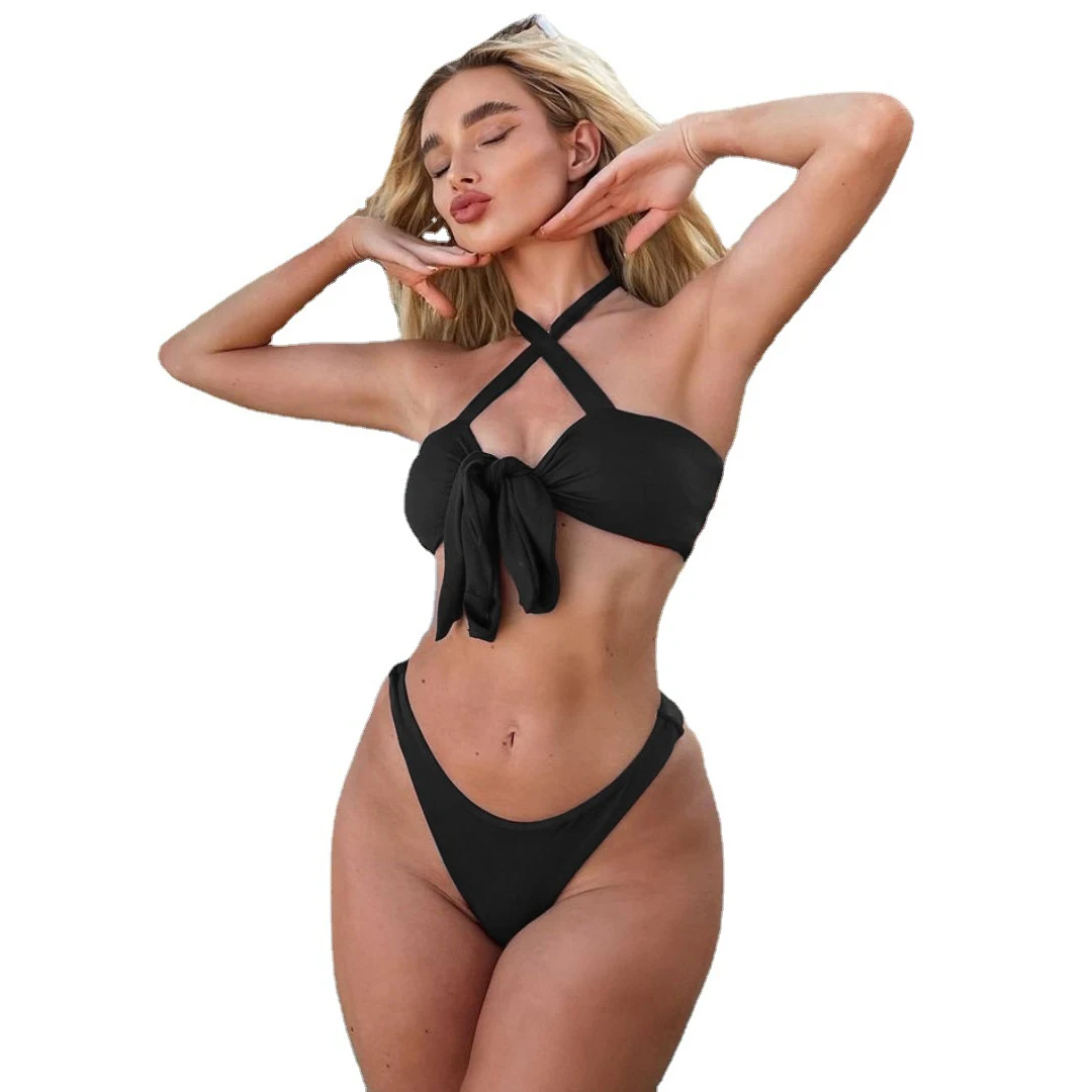 Wholesale custom black micro bikini swimsuit models girls knot front transparent 2 piece swimsuit