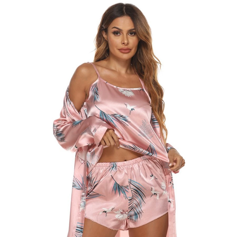 Plant Print Ladies Flowy Silk Satin Sleepwear Robe Sets, 3 Pcs Camisole Short Sets Women Pyjamas