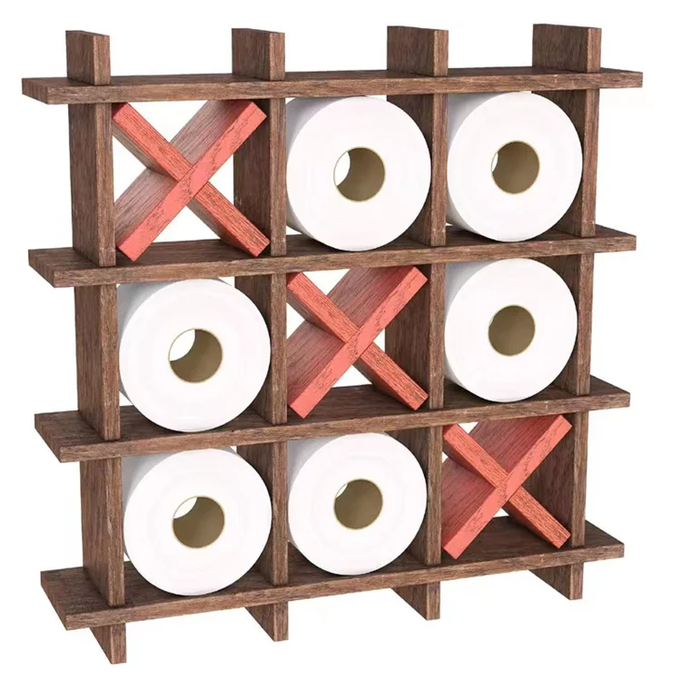 Rustic Wooden Toilet Paper Holder Tic Tac Toe Design for Wall Mounted or Freestanding Bathroom Tissue Roll Storage Organizer