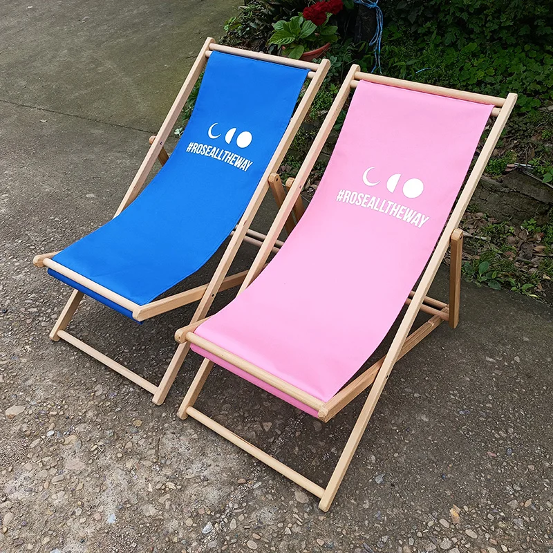 custom logo print branded vintage adjustable foldable beach garden pool reclining outdoor canvas wooden folding deck chair