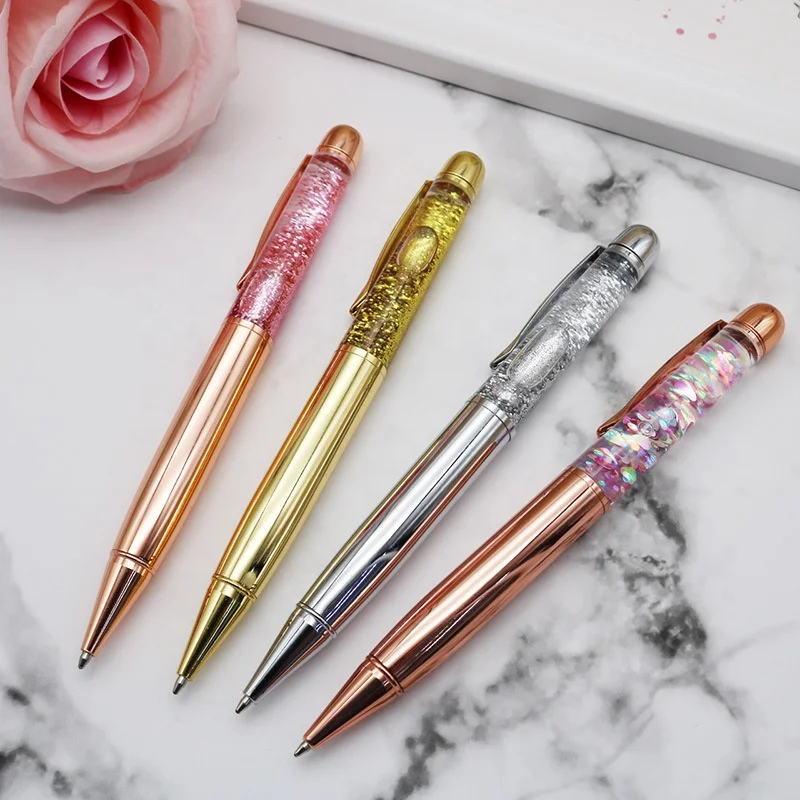 New Design Rose Gold Liquid Foil Metal Ball Pen Gift Promotion Floating Pen DIY Glitter Ballpoint Pens