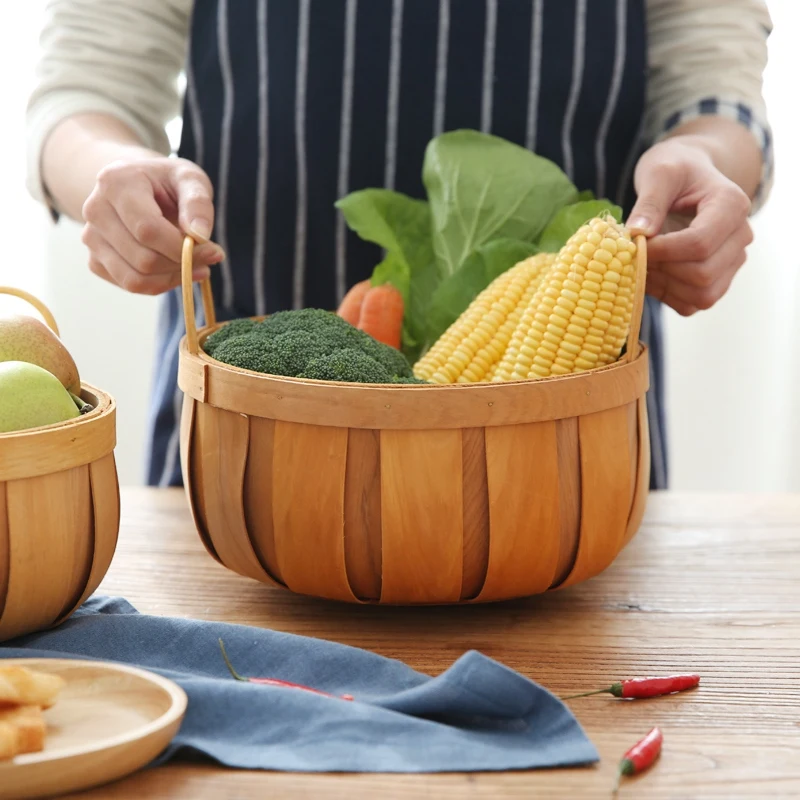 Handmade Woven Baskets Natural Wood Vegetable Fruit Bread Egg Food Storage Camping Picnic Snacks Container Kitchen Storage