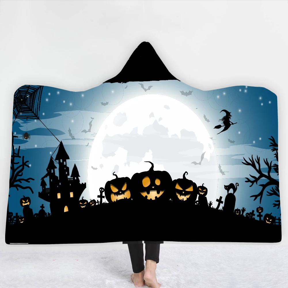 
3D Haloween Printed Pattern Adult Hooded Blankets Soft Fleece Dropshipping Wholesale Blanket Throw Home Textile 