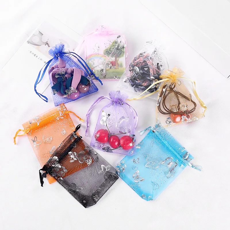Wholesale 9x12 cm Small Transparent Drawstring Gift Bag Pouches Mesh Jewelry Packaging Silver Butterfly Organza Bags
