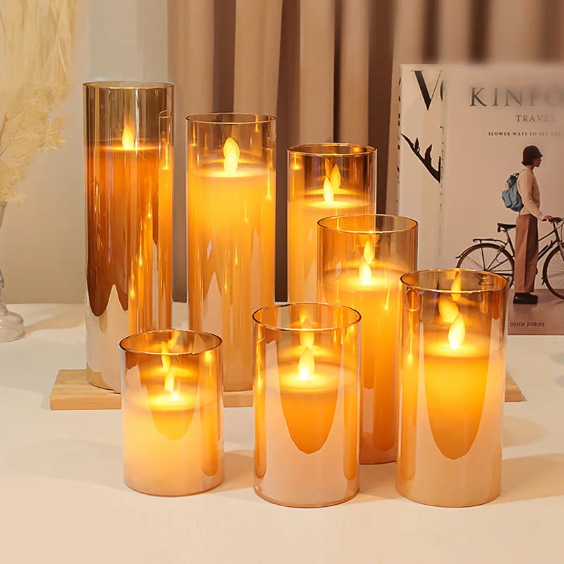 Holiday Swaying Flicking Flame Decorative Glass Battery Remote Control Christmas LED Candle Light Cylindrical Pillar Candles