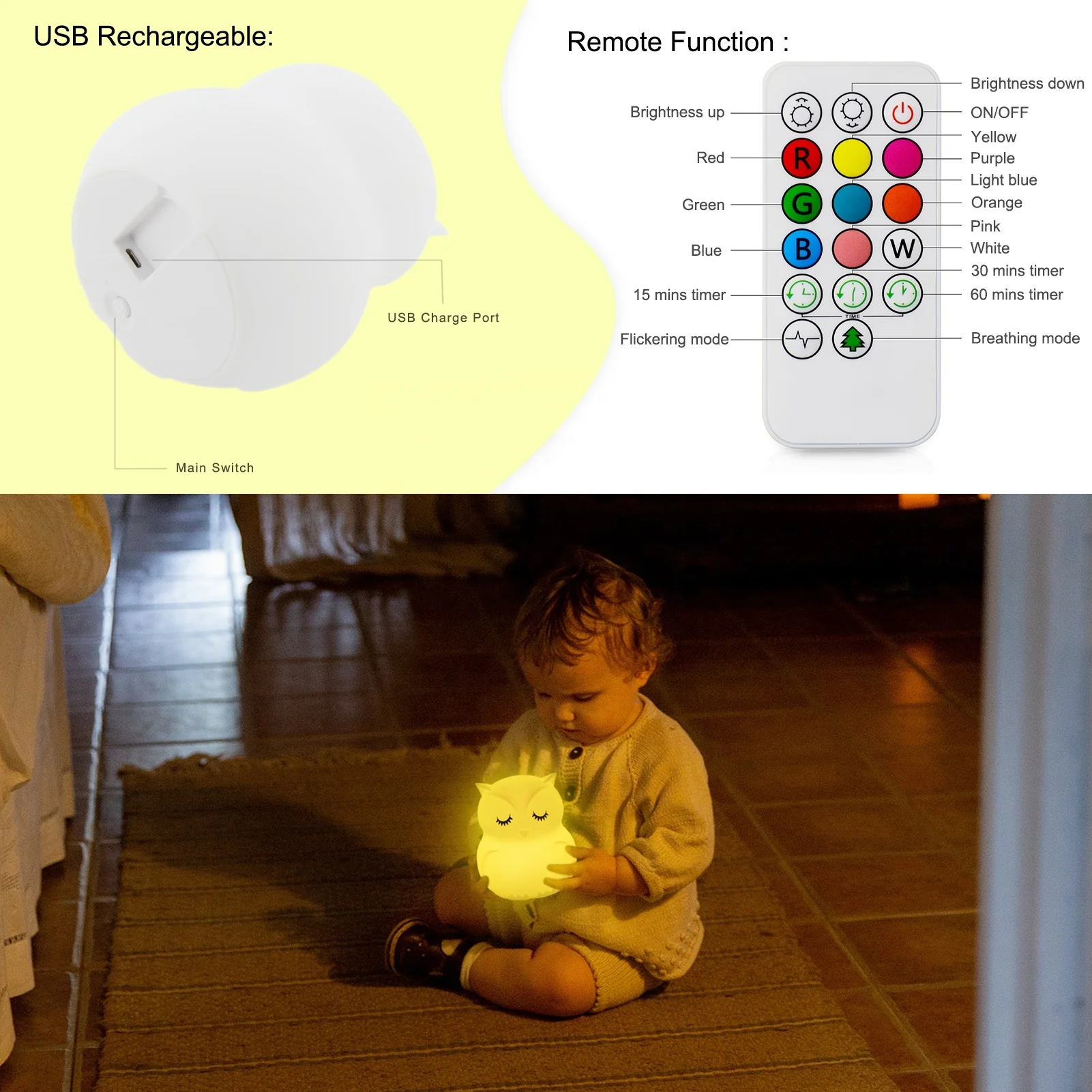 RTS Lamp Rechargeable Touch Light Silicone Night Light Cute Owl Sublimation Color Changing Night Light for Kids Room