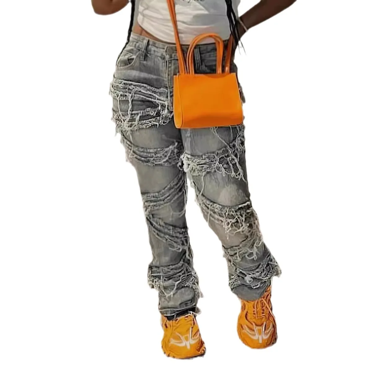 Custom Street Wear Ladies Jeans Stretched High Waist Ripped Patchwork Women Overalls Denim Jeans For Women