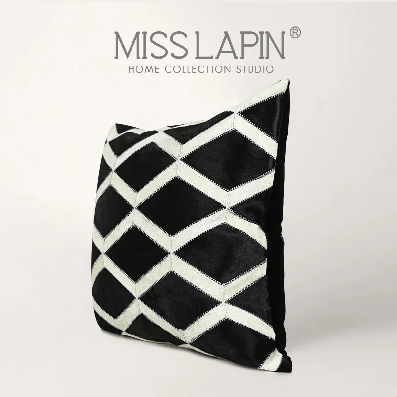 Luxury Cushions Quality Cowhide Patchwork Decor Pillow  Modern Minimalist Black And White Diamond Grain Cowhide Square Pillow