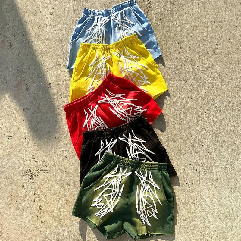 Custom Jogger Colorful fleece french terry Puff Printing shorts men thick cotton hip hop streetwear 3D puff Print shorts for men