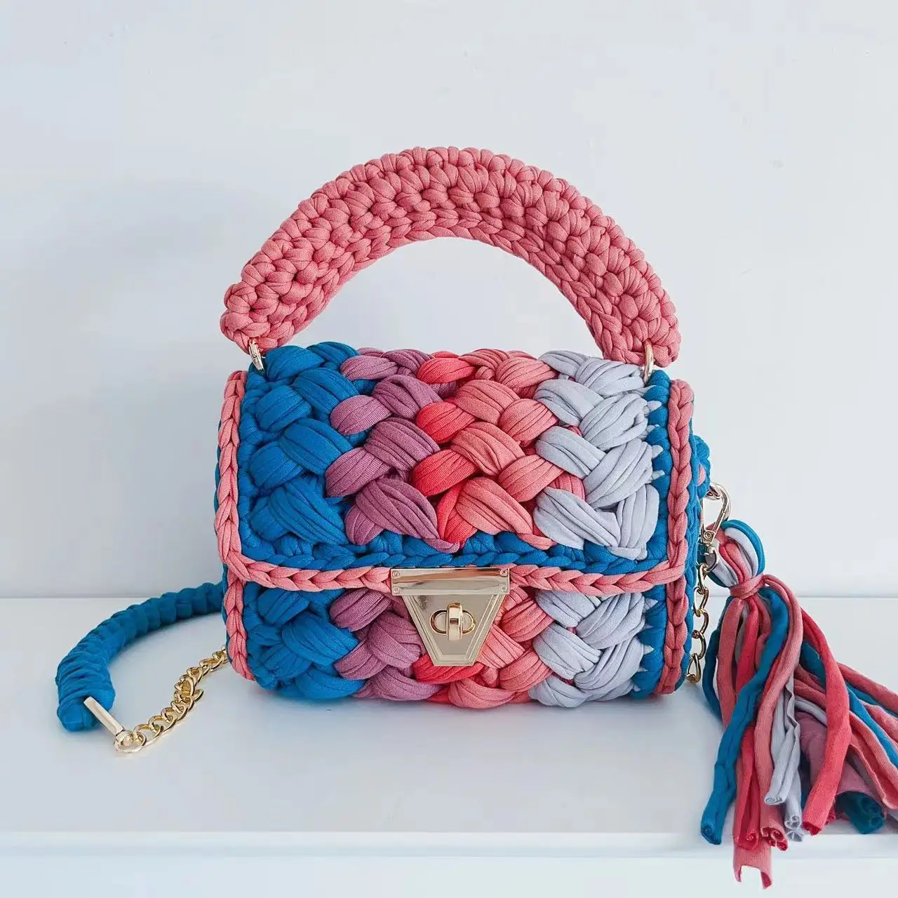 INS Hot Sale DIY Yarn Crochet Women Handbag Hand Woven Multi Color Handbags Beach Yarn Purse
