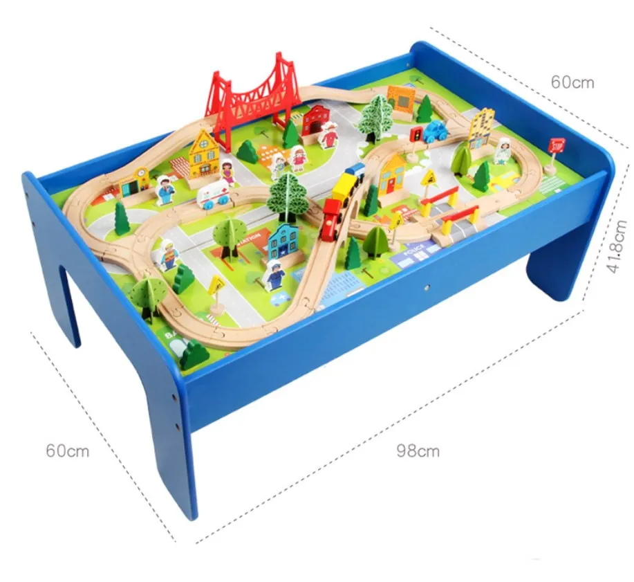 Classic Train Table Toys,Wooden Train Track Railway City Sets Table for Kids Toddlers