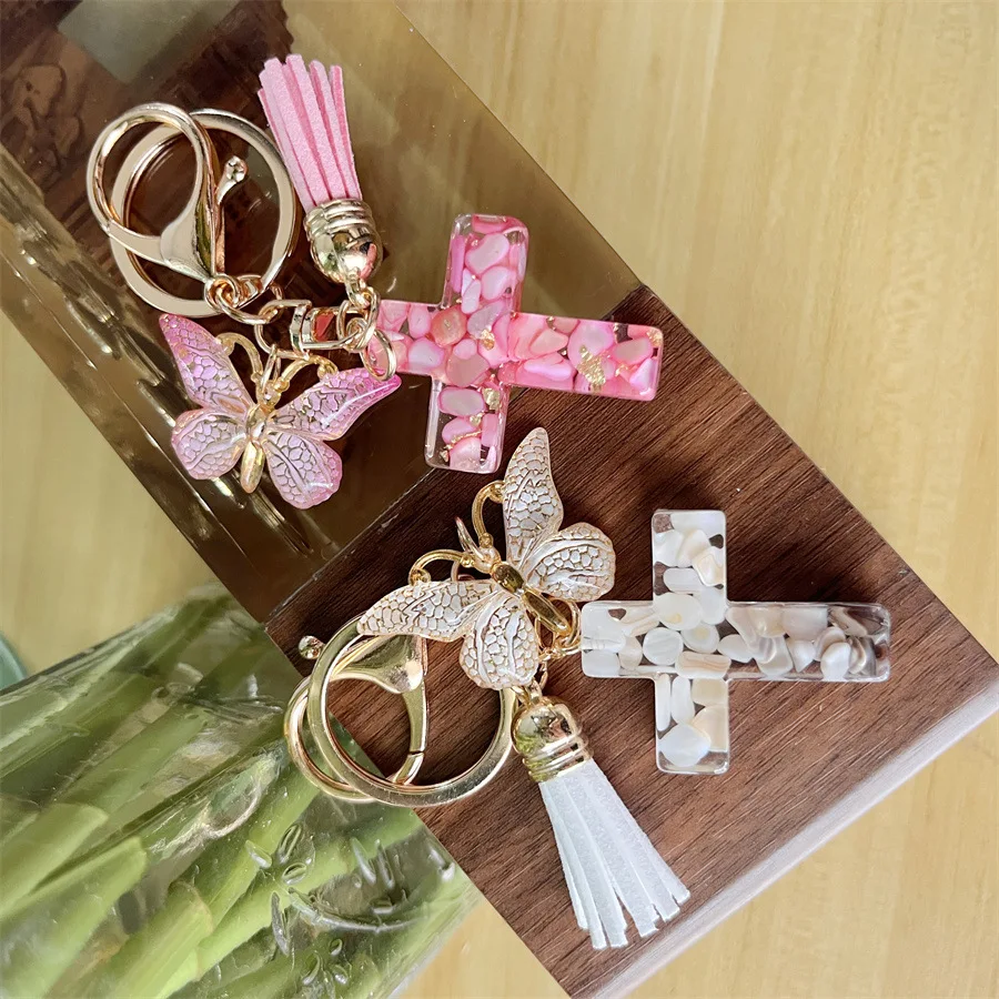 Wholesale Colorful Butterfly Glitter Resin Keychain Tassel Charms Bag Car Pendant Acrylic Butterfly Cross Key Chains