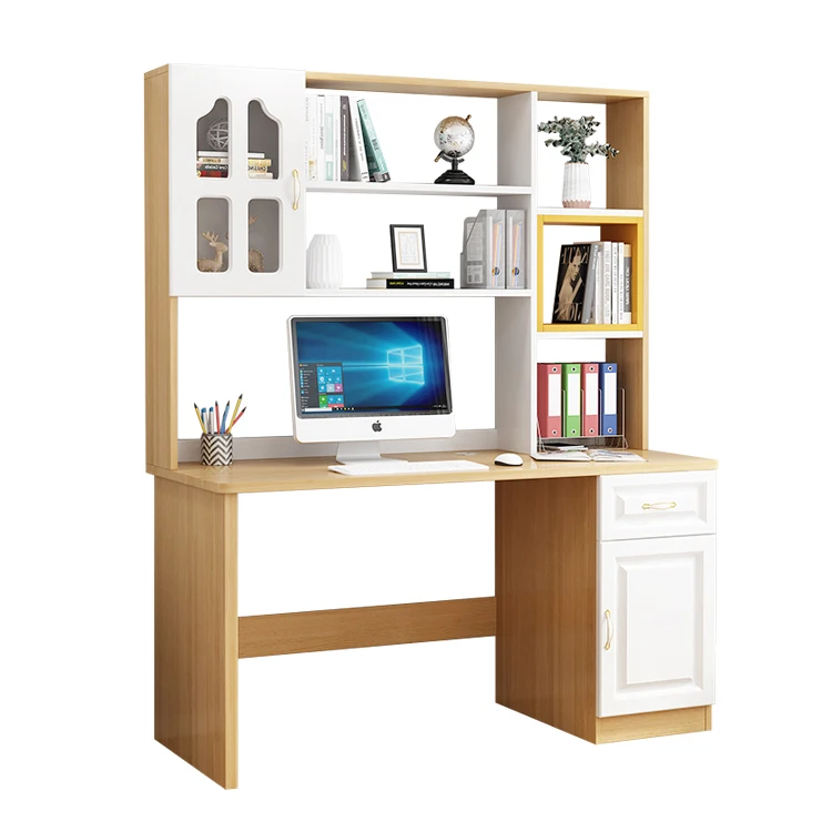 wooden home office computer table kid study desk with bookshelf