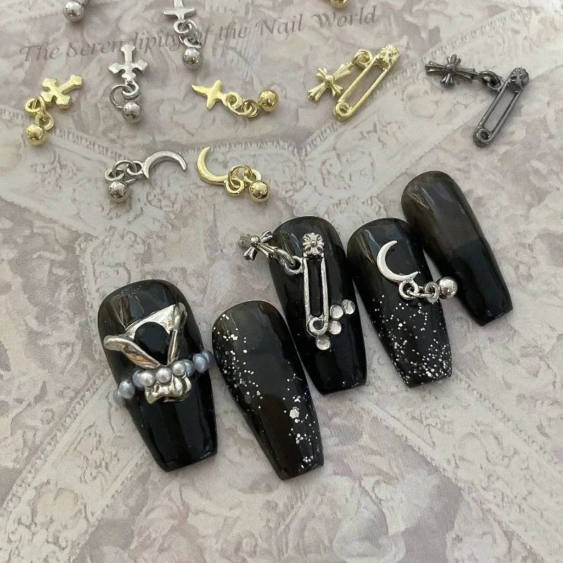 Chrome Heart Brooch Cross Nail Art Frosted Metal Star and Moon Pendant Nail Jewelry