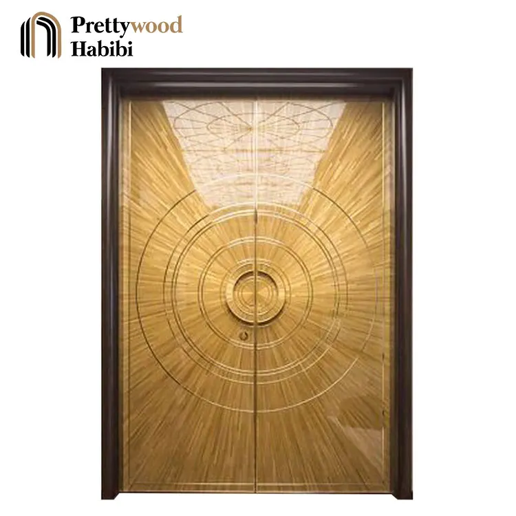 Prettywood Prehung Waterproof Luxury Modern Geometry Circle Design Double Swing Solid Wooden Arched Door For Houses