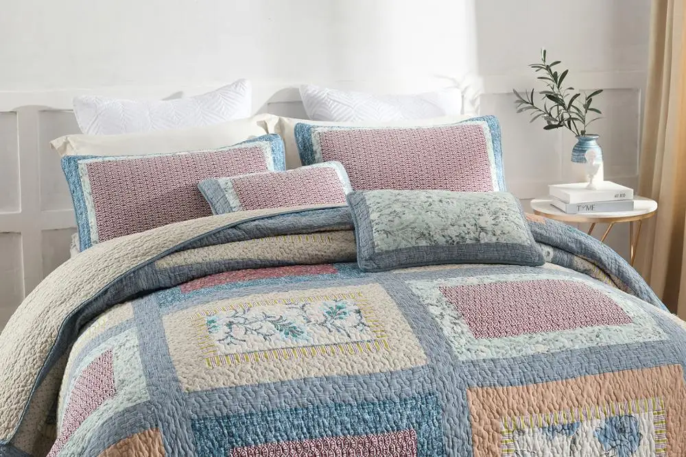 100% handwork bedspread patchwork craft quilted bedspread set pure cotton