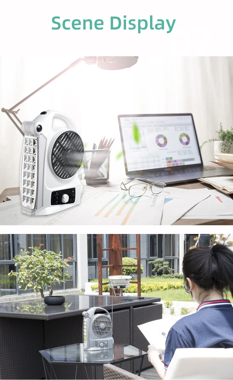 Changrong 5 inch solar rechargeable fan portable table fan with LED night light and  FM/AM radio