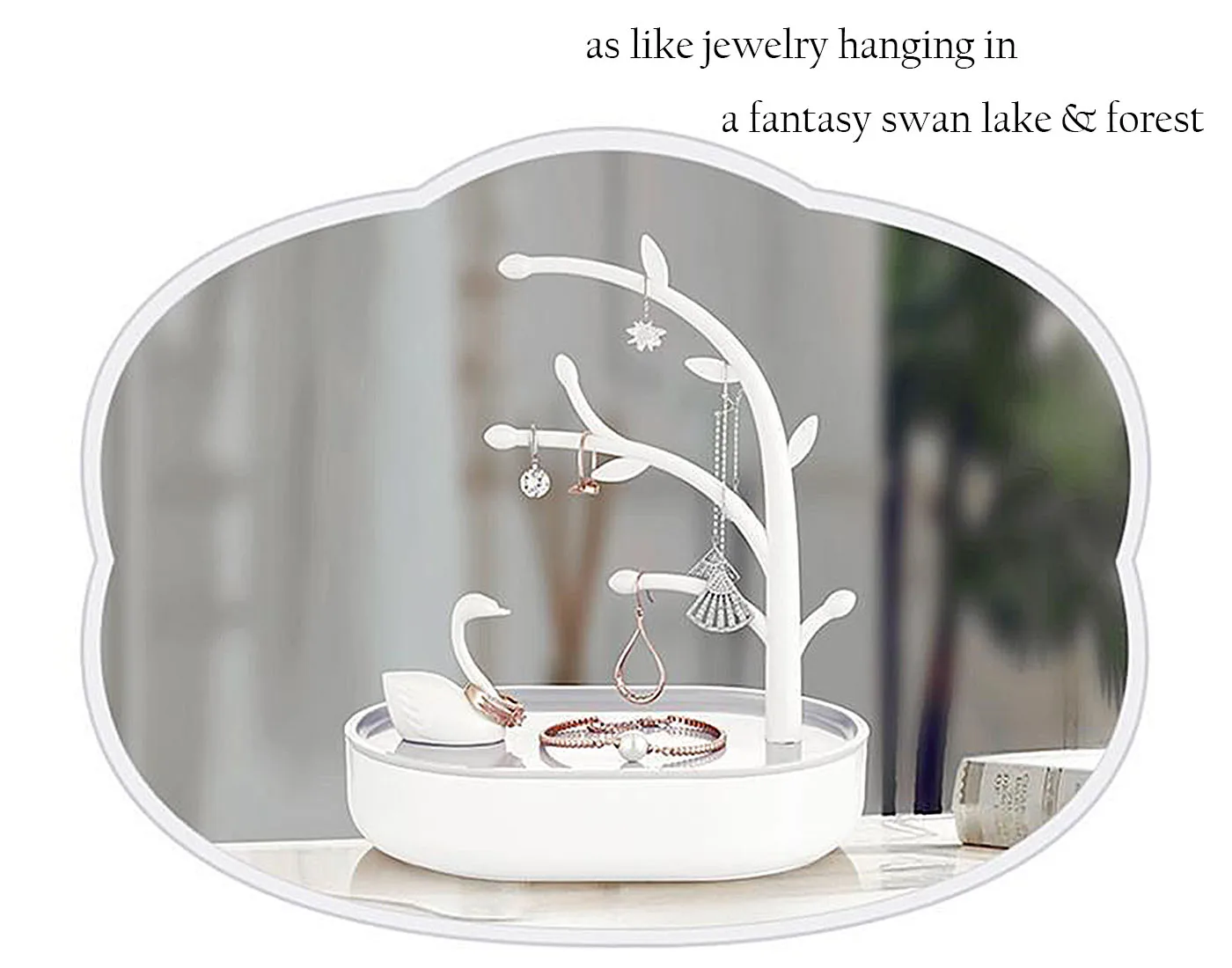 Tree Branch & Swan Jewelry Display Stand With Storage Base, Tree Tower Rack Holder Organizer for Ring Earrings Necklace Bracelet