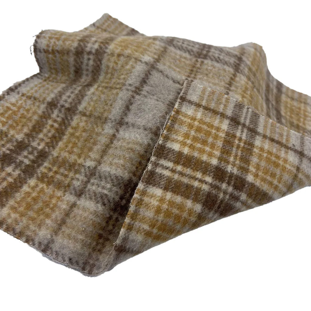 Wholesale Double Face Plush Brush Yellow Brown Wool/Polyester Plaid Woven Fabrics For Clothing ZZH24017