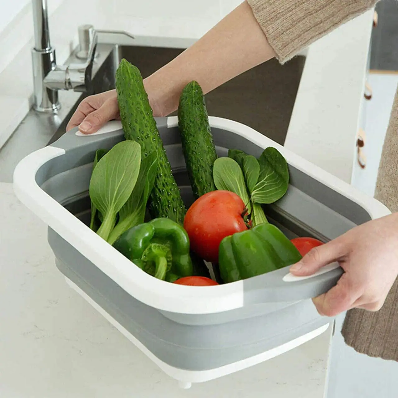 Multifunction Collapsible Cutting Board Dish Tub 3 in 1 Folding Sink Drain Basket Travel Outdoor Camp Portable Basins
