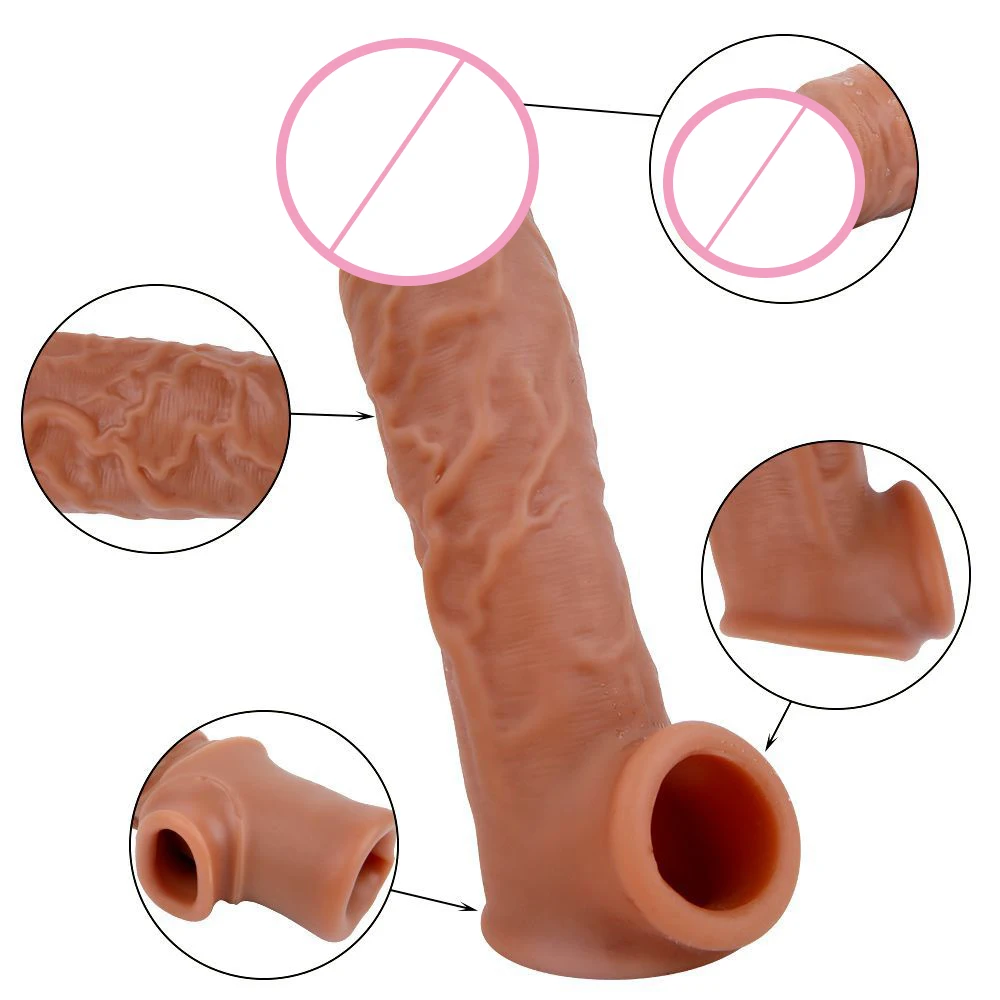 Reusable Silicone Realistic Penis Extension Cock Sleeve Penis Enlarger Delay Condoms for Men Dildo Enhancer Sex Toys