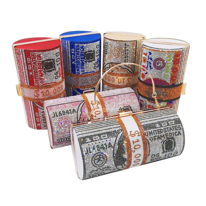 
New Arrival Luxury Bling Crystal Dollar Cylinder Clutch Handbags Rhinestone Money Purse For Women 