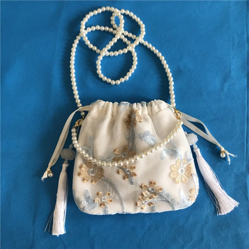 2021 Women Cell Phone Pearl Chain Net Yarn Embroidery Elegant Single Shoulder Crossbody Bag
