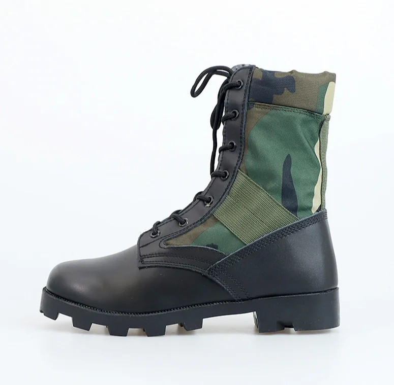 HPB917  Woodlands camouflage and black leather jungle boots with panama out sole anti skid multi terrains