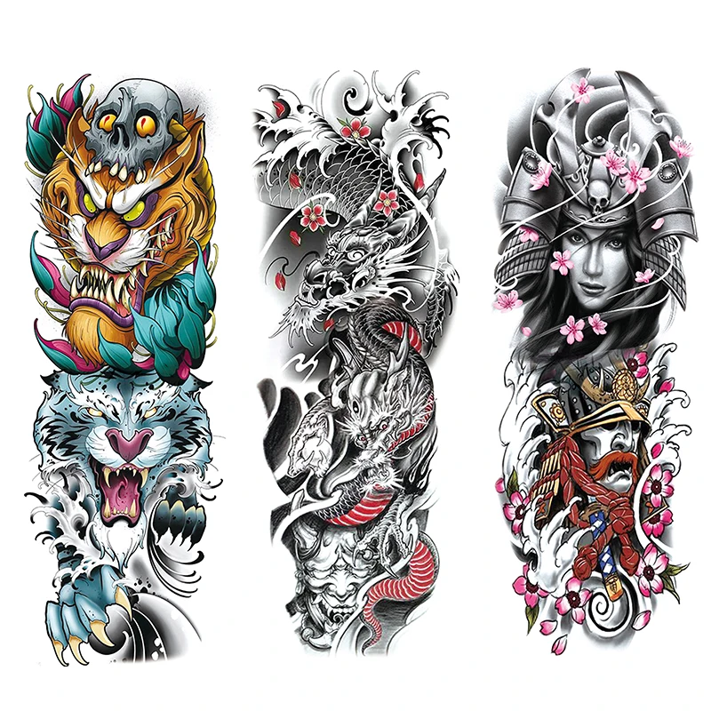 Wholesale Large Arm Sleeve 3D Tattoo Waterproof Temporary Tattoo Sticker Lion Crown King RoseWild Wolf Tiger Men Full Skull