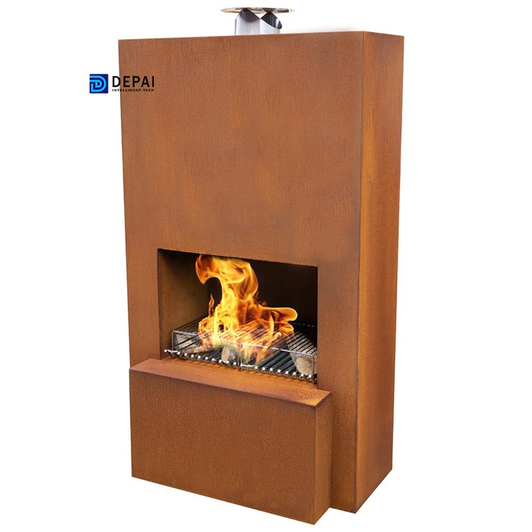 Large metal wood burning fireplace burner outdoor backyard corten steel fire pit
