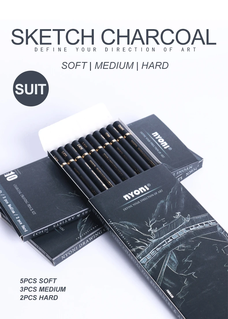 NYONI  Wood Drawing Charcoal Sketch Pencils Set for Sketch Hard Medium Soft Mixture Natural 10pcs Office & School Pencil