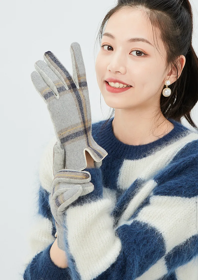 Женские Модные клетчатые перчатки для сенсорного экрана зимние теплые плотные шерстяные варежки для сенсорного экрана
