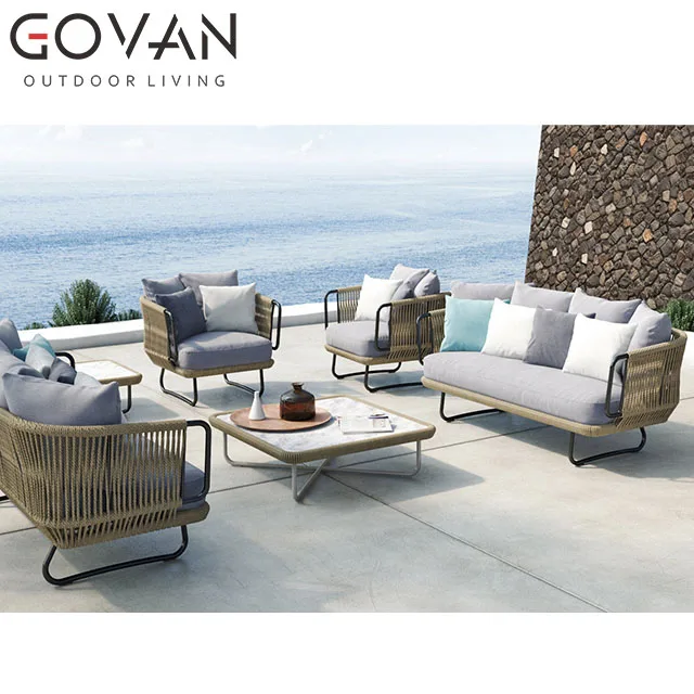Elegant outdoor furniture modern garden villa hotel sofa set  brushed aluminum with outdoor tight rope weaving three seater sofa