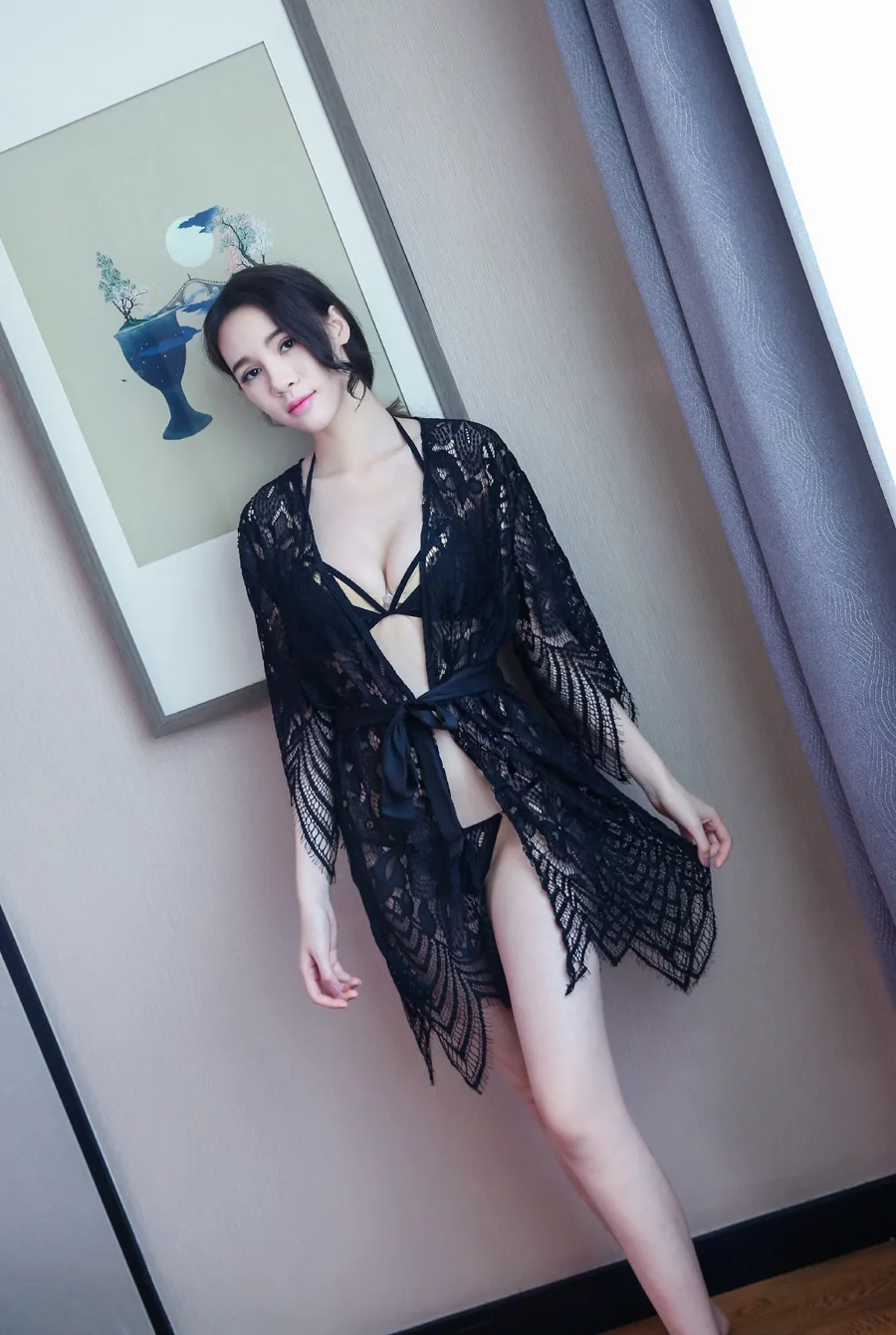Sexy lace hollow out transparent wave condole belt sexy underwear pyjamas nightgown three-point type household nightgown