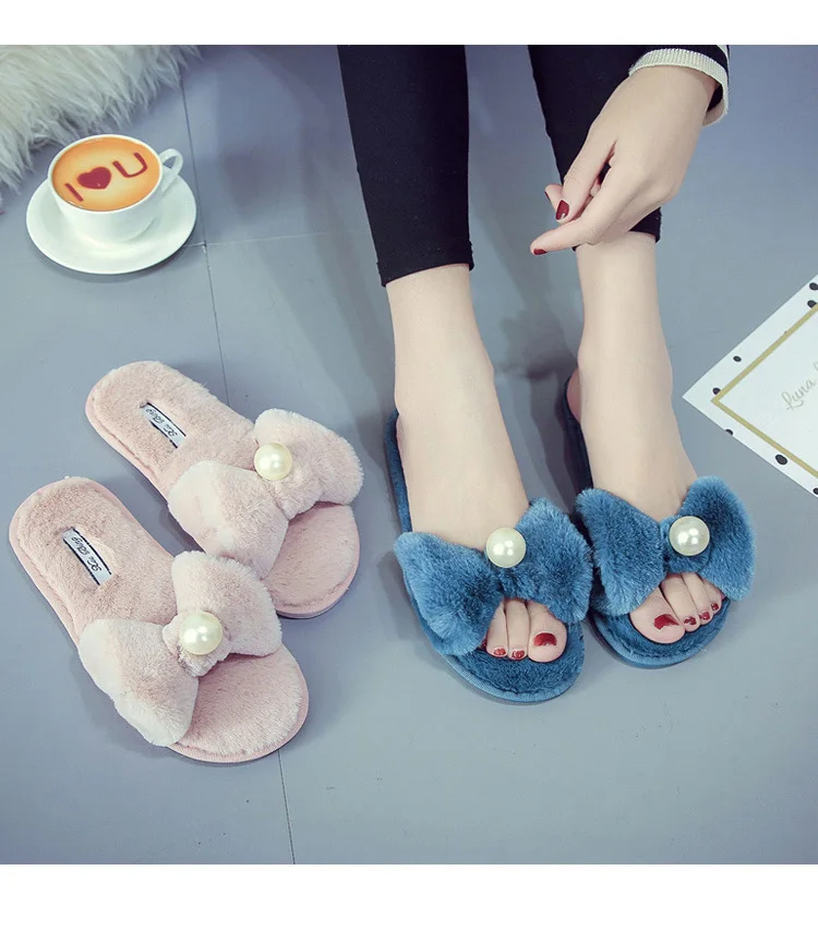 Wholesale new style warm soft bow pearl home cotton slippers for women