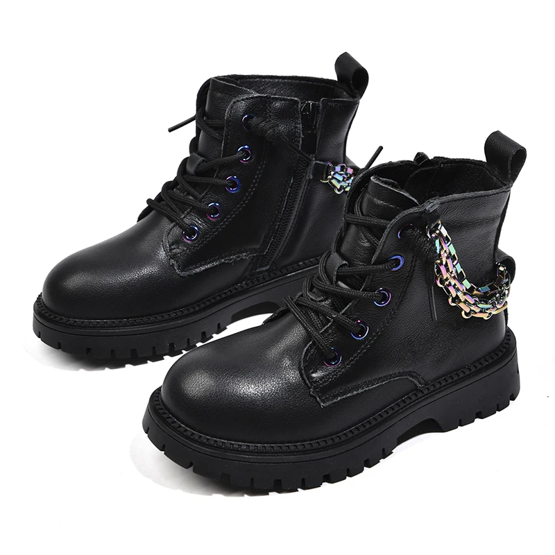 Embossed Kids Leather Non-slip Safety Shoes Rubber Sole Black Work Boots with Chain