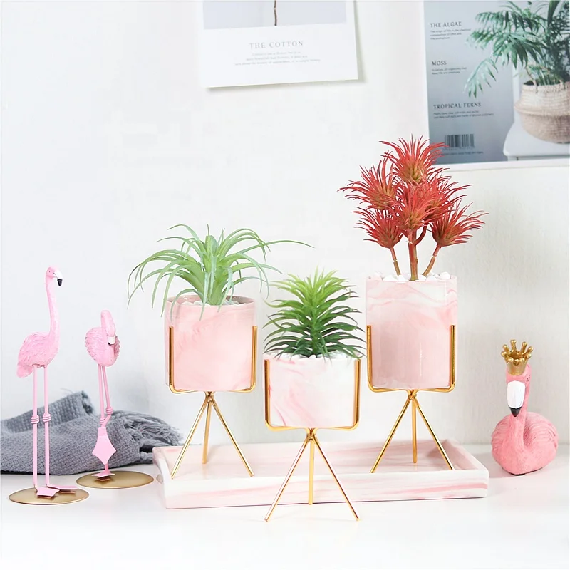 
Nordic Style Creative Home Marble Ceramic Flower Pot With Iron Stand 
