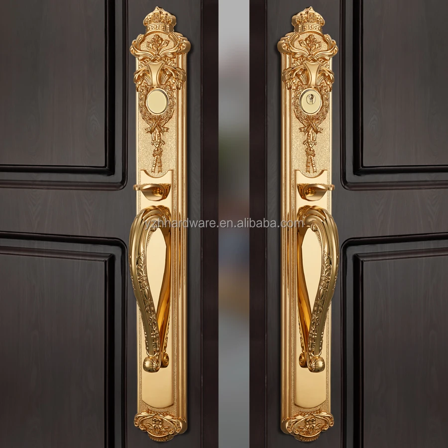 Hot selling 2K gold noble brass carved main door wooden door lock villa brass door handle lock set