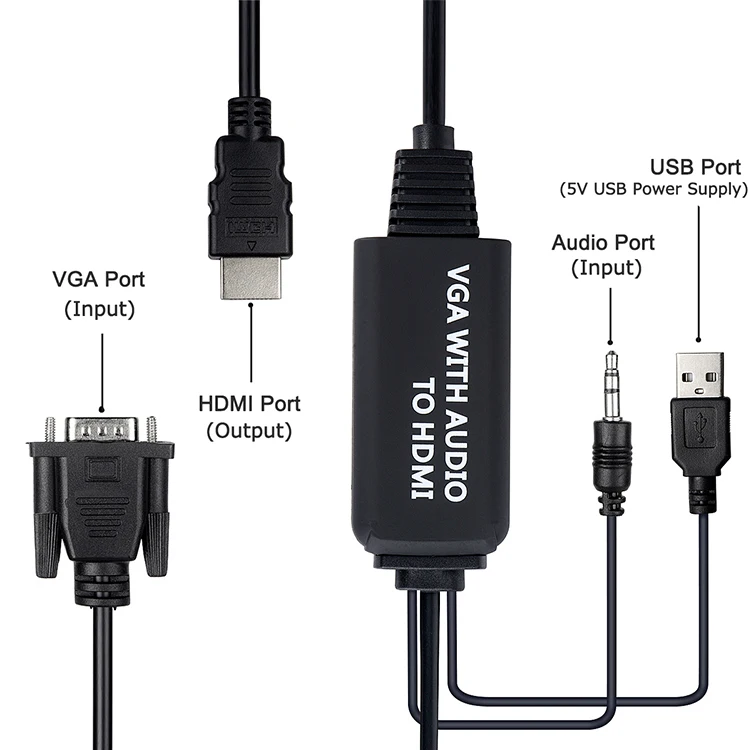 VGA to HDMI Adapter VGA2HDMI Audio Video Converter Cable with 3.5mm Audio for HDTV PC Projector