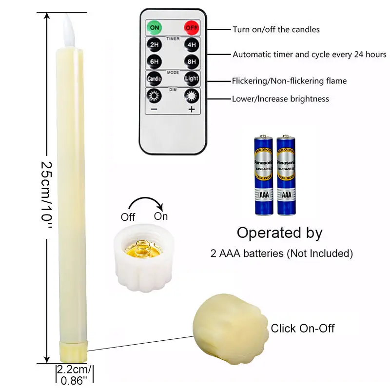 Flameless Real Wax Paraffin Plastic Pillar Warm Light LED Taper Candle With 10 Keys Timer Remote Operate For Gift