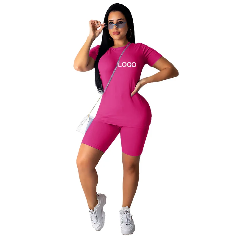 Summer Women Clothing Custom Logo Solid Color Short Sleeve Tee Shorts Set Sportswear Women Two Piece Set