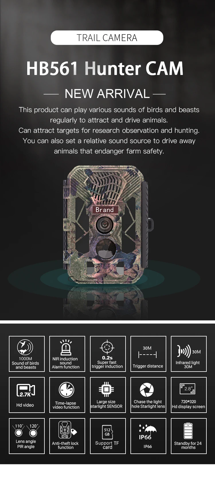 HB561 wild animal observation camera night trap hunting trail camera muddy game camera sound playback can be up to 2000m away