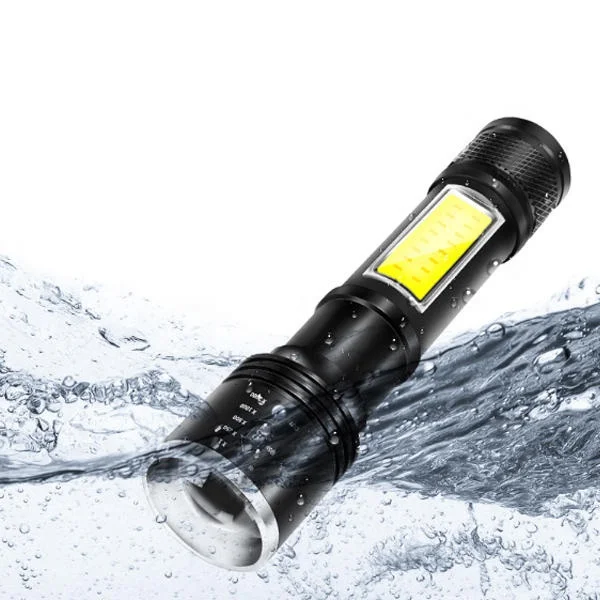 
High Quality USB Rechargeable LED Torch LED Zoomable Aluminium flashlight with LED + COB 2 Source 